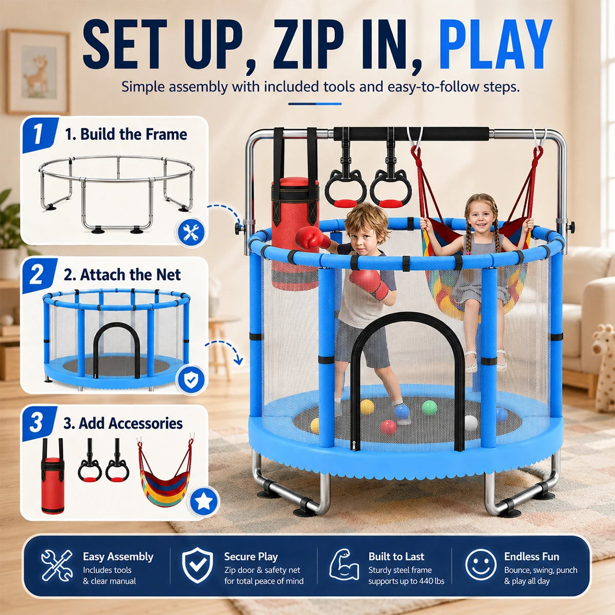 Kids Indoor Trampoline with Safety Enclosure, Swing and Gym Rings