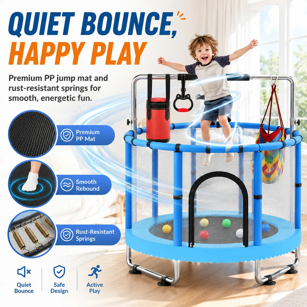 Kids Indoor Trampoline with Safety Enclosure, Swing and Gym Rings