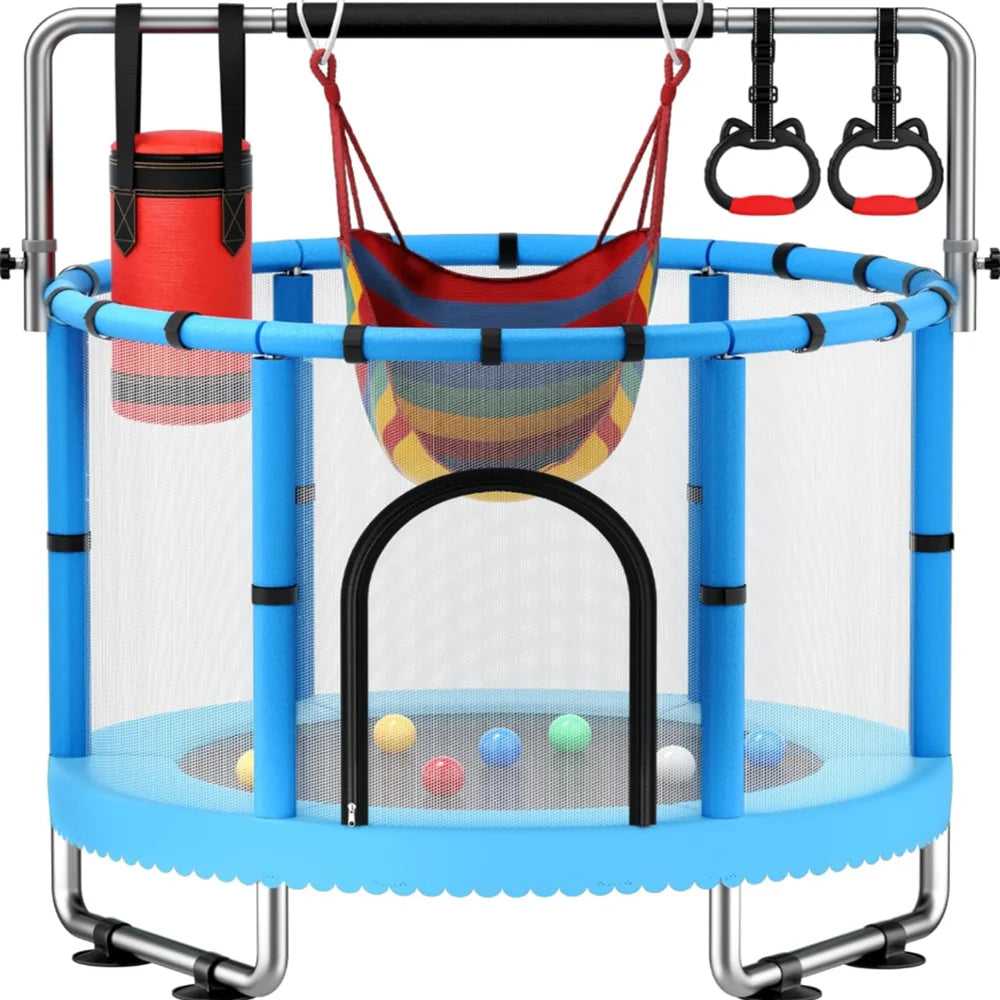 Kids Indoor Trampoline with Safety Enclosure, Swing and Gym Rings