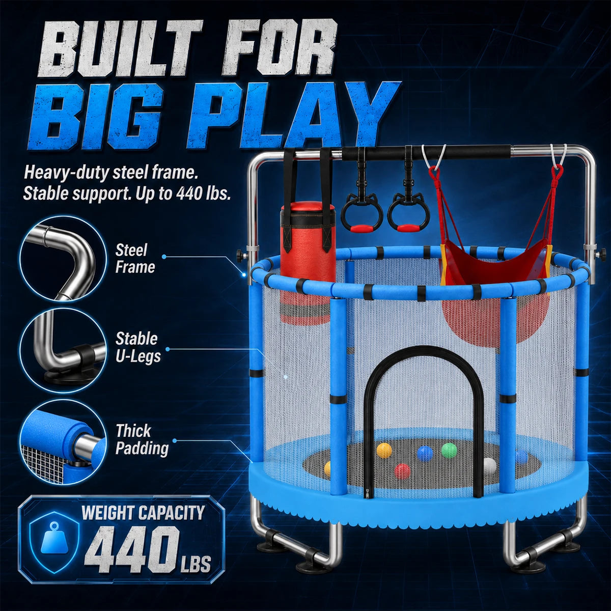 Kids Indoor Trampoline with Safety Enclosure, Swing and Gym Rings