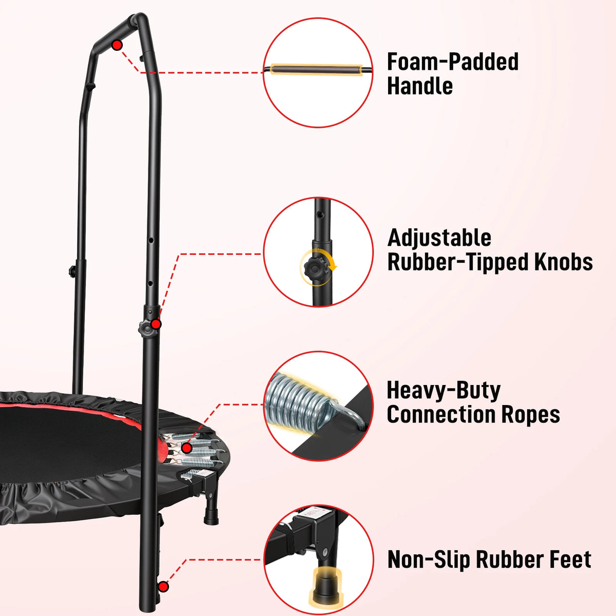 Folding Fitness Rebounder Trampoline With Handlebar For Adults And Kids