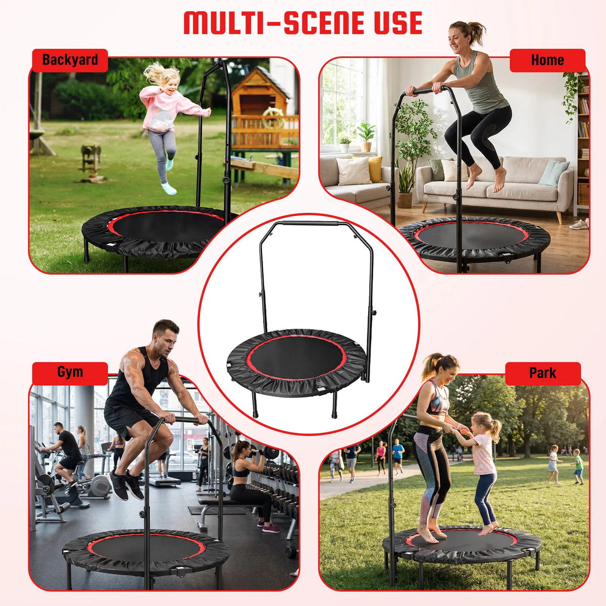 Folding Fitness Rebounder Trampoline With Handlebar For Adults And Kids