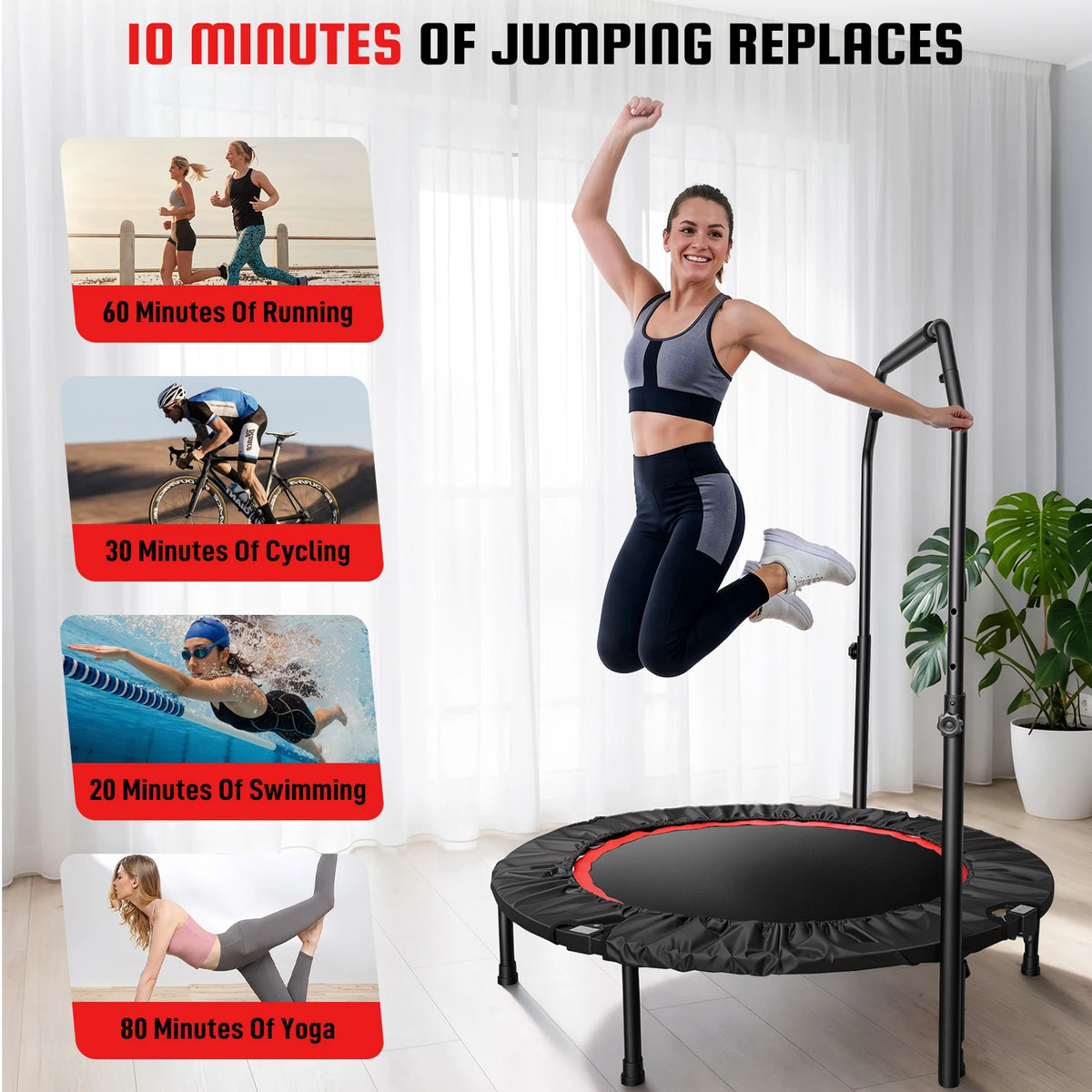 Folding Fitness Rebounder Trampoline With Handlebar For Adults And Kids