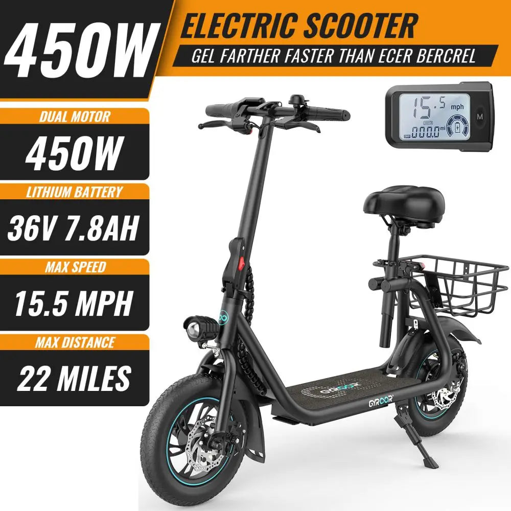 GYROSHOES Adult Electric Scooter With Seat Basket And Phone Holder