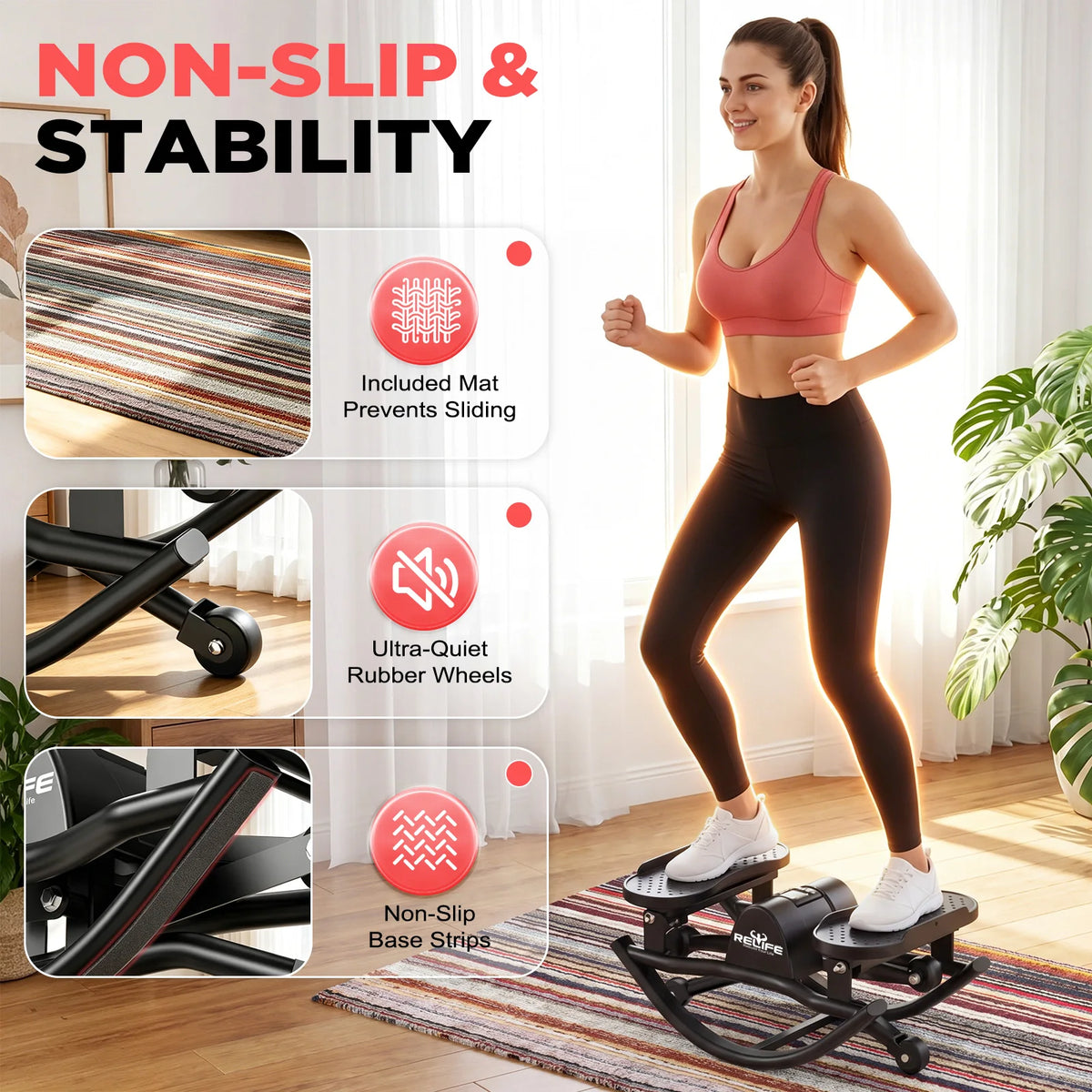 Relife 3D Lateral Rocking Stepper Resistance Bands And LCD Monitor