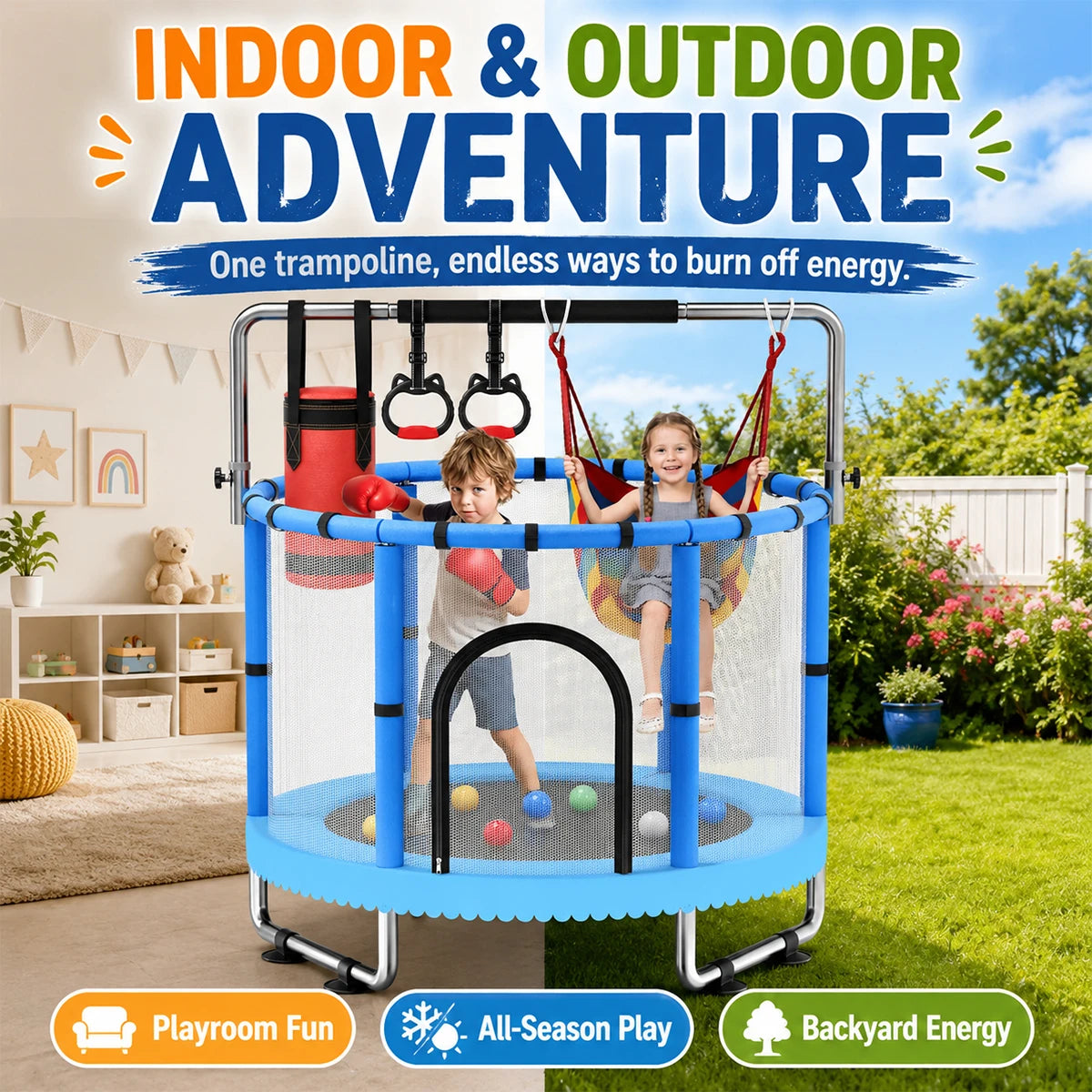 Kids Indoor Trampoline with Safety Enclosure, Swing and Gym Rings