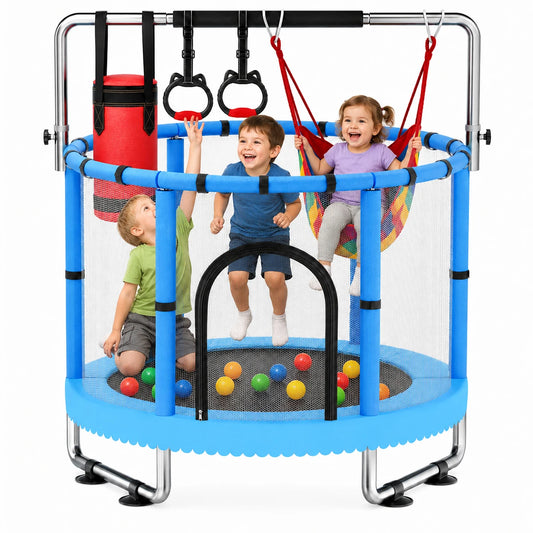 Kids Indoor Trampoline with Safety Enclosure, Swing and Gym Rings