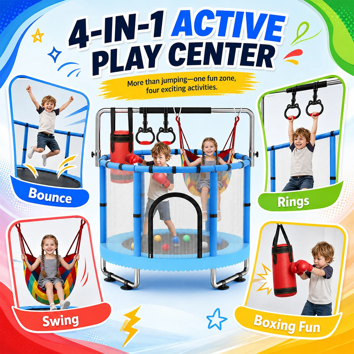 Kids Indoor Trampoline with Safety Enclosure, Swing and Gym Rings