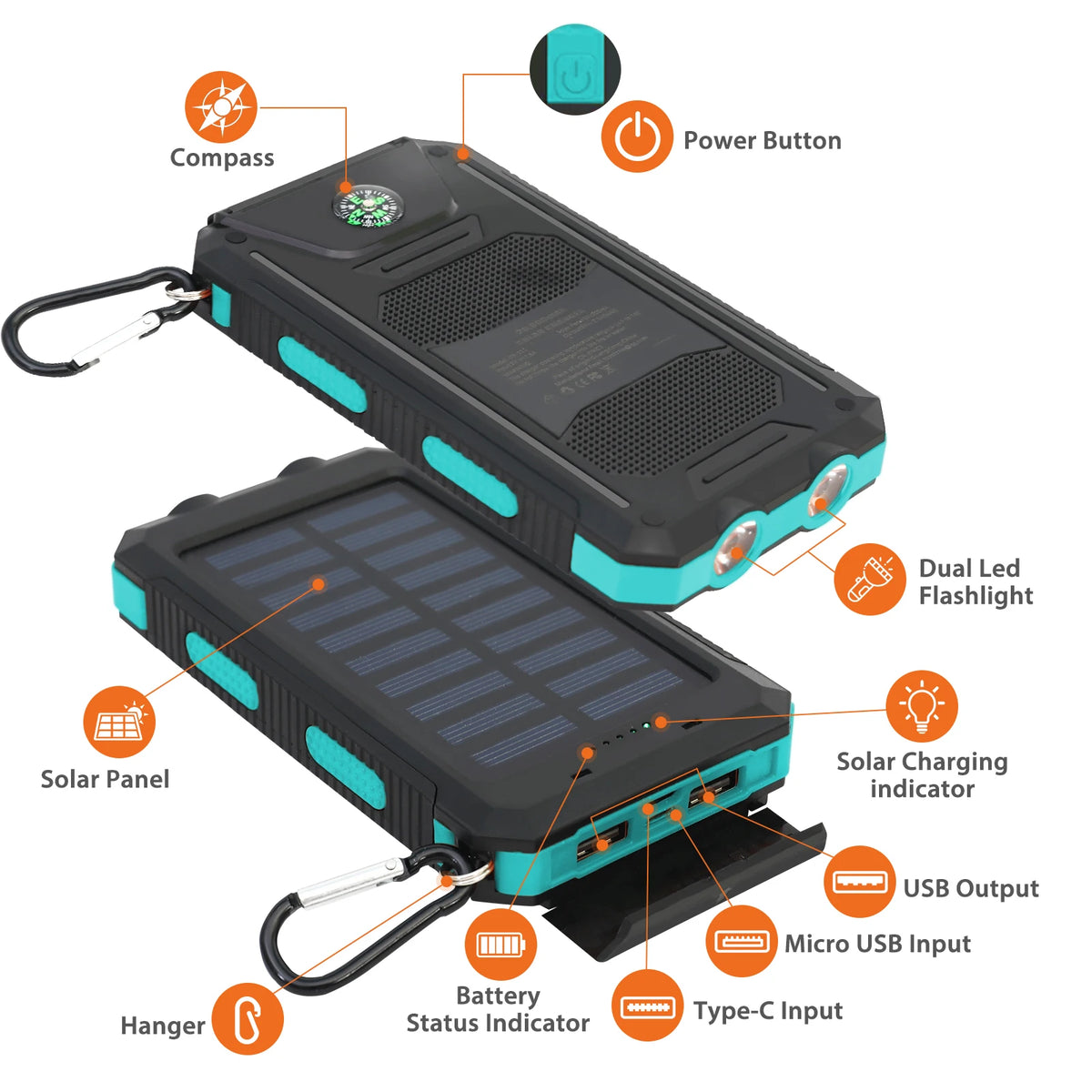 Waterproof Solar Charger Power Bank 20000mAh With Compass And Flashlight