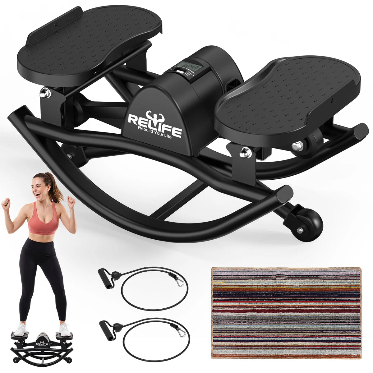 Relife 3D Lateral Rocking Stepper Resistance Bands And LCD Monitor