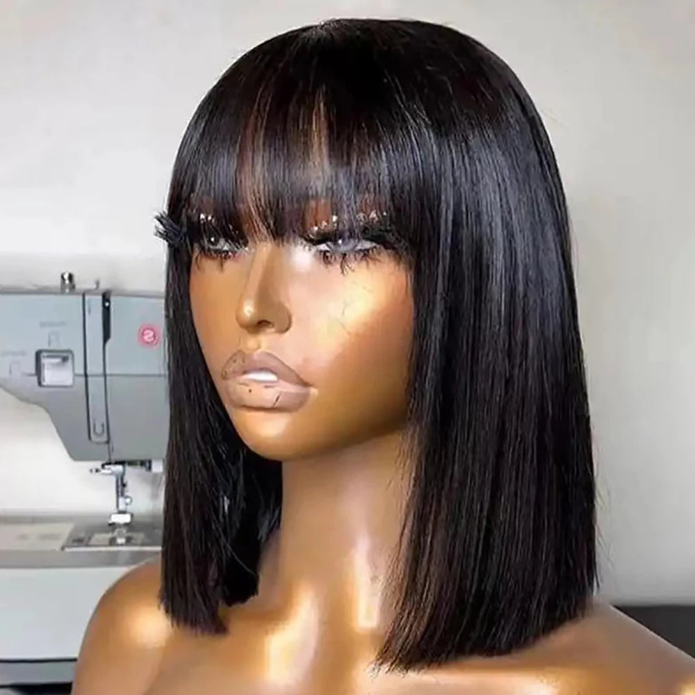 KEILANTRA Straight Human Hair Short Bob Wig With Bangs