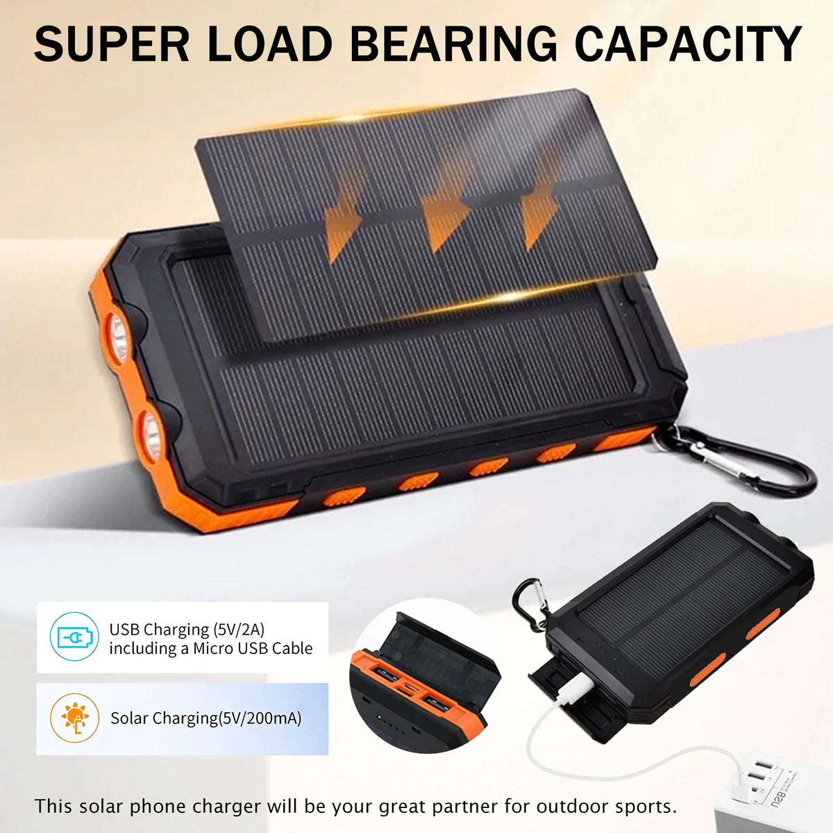 Waterproof Solar Charger Power Bank 20000mAh With Compass And Flashlight