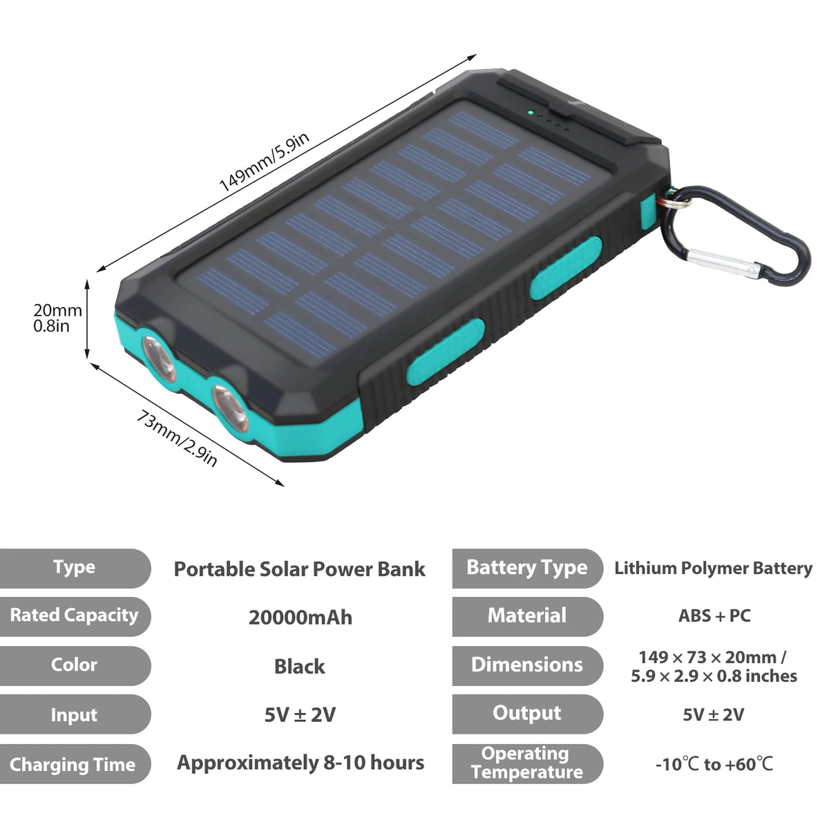 Waterproof Solar Charger Power Bank 20000mAh With Compass And Flashlight