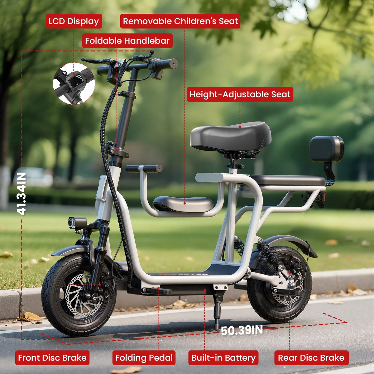 EILLEO Electric Scooter with Removable Child Seat and LCD Display