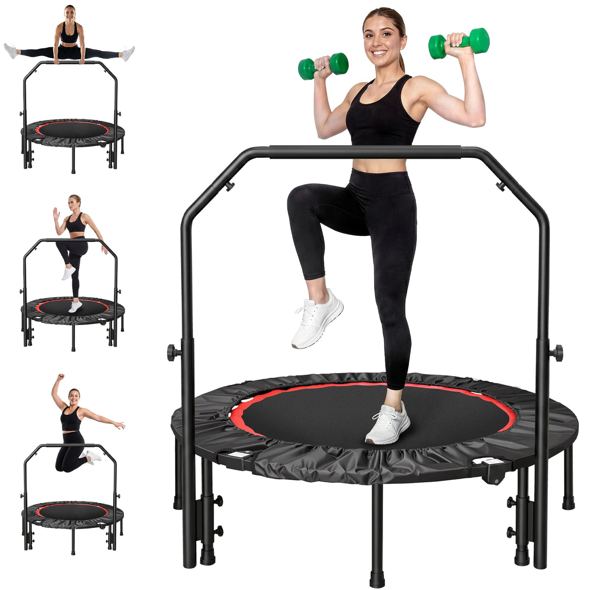 Folding Fitness Rebounder Trampoline With Handlebar For Adults And Kids