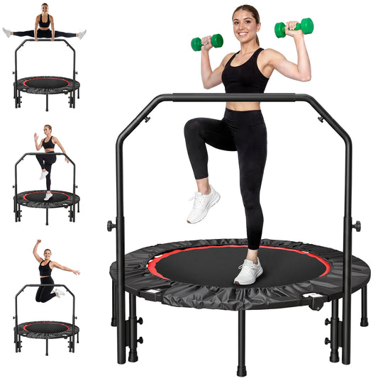 Folding Fitness Rebounder Trampoline With Handlebar For Adults And Kids