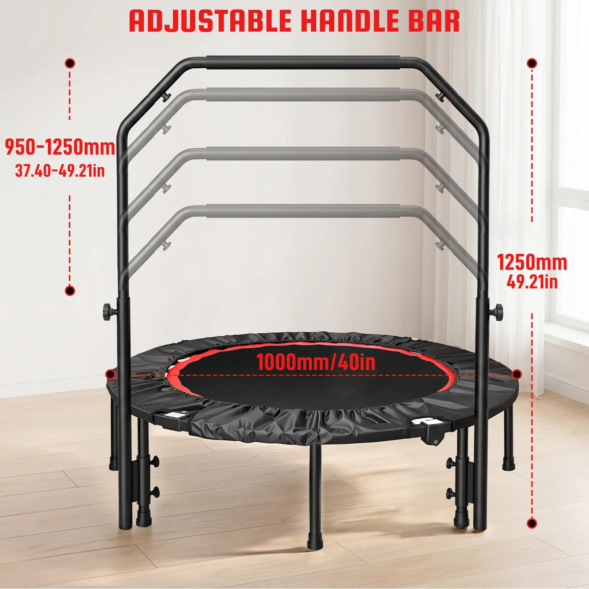 Folding Fitness Rebounder Trampoline With Handlebar For Adults And Kids