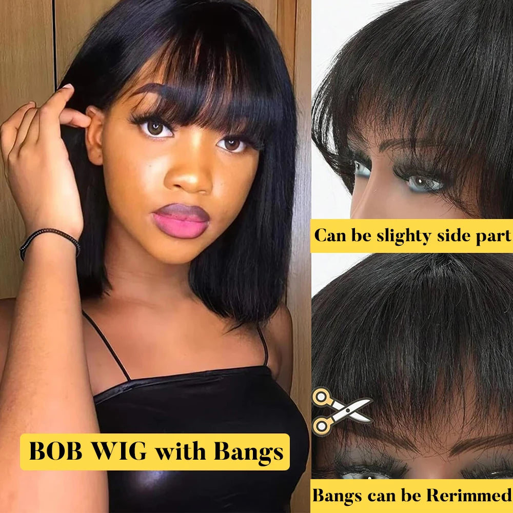 KEILANTRA Straight Human Hair Short Bob Wig With Bangs