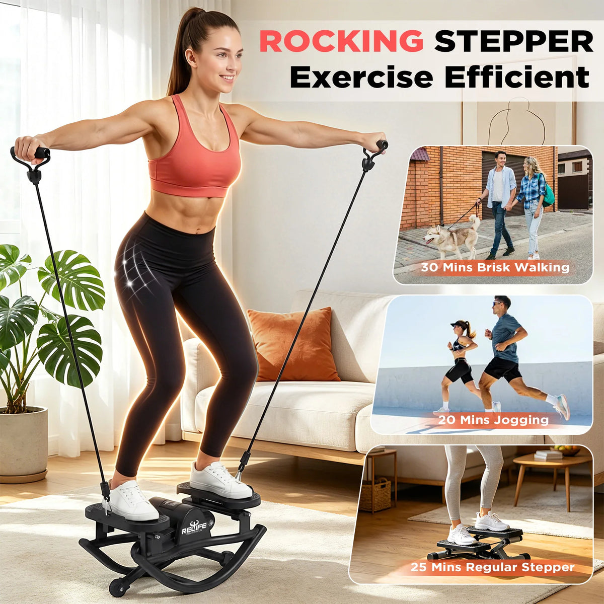 Relife 3D Lateral Rocking Stepper Resistance Bands And LCD Monitor